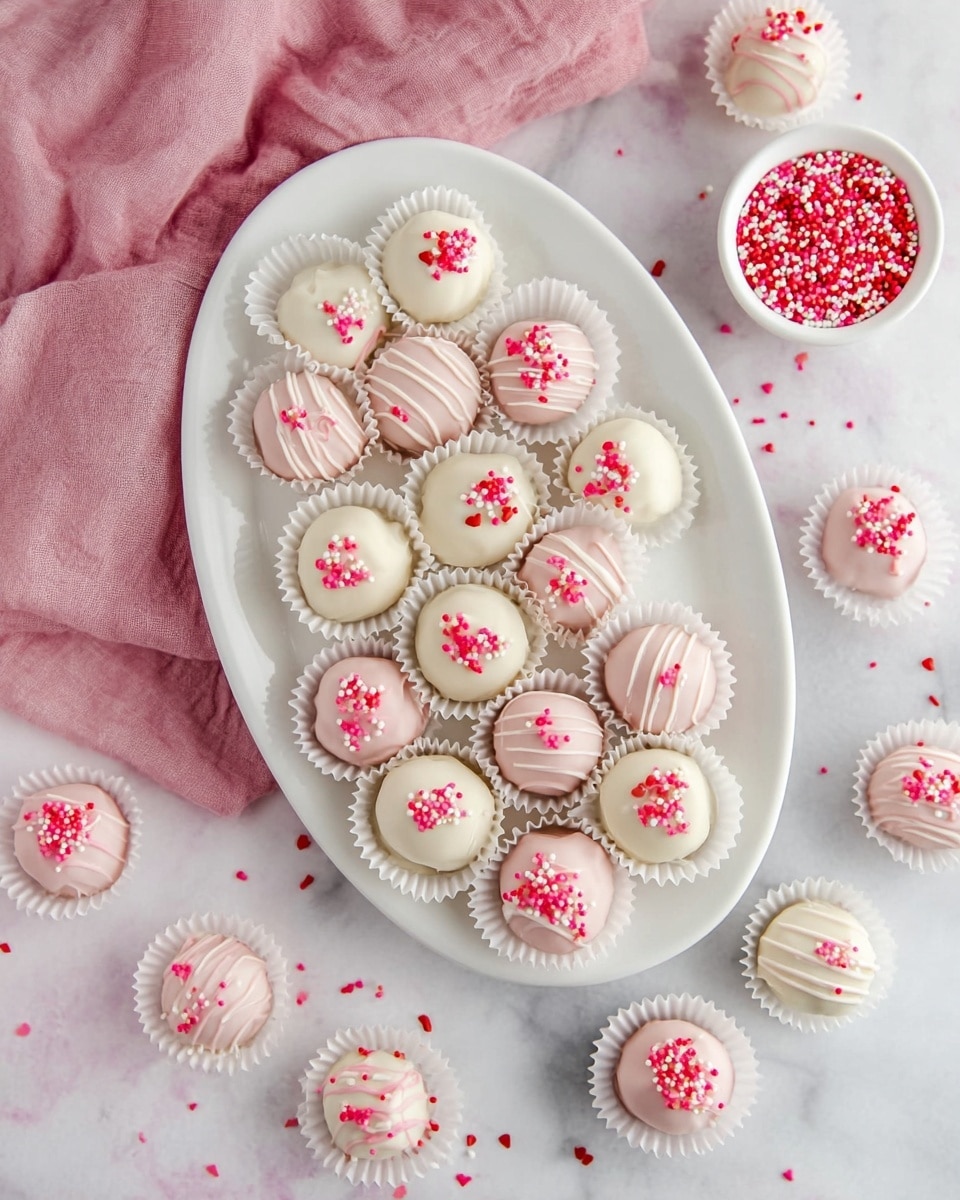 The image shows a white oval plate filled with round treats, each placed inside white paper cups. There are two types of treats: one type is pale pink with thin white drizzle and sprinkled with small red, pink, and white round sprinkles; the other type is creamy white with a similar white drizzle and the same colorful sprinkles. Around the plate, more of these treats in white paper cups are scattered on a white marbled surface, along with a small white bowl containing more of the colorful round sprinkles. A soft pink cloth is casually placed next to some of the treats, adding a gentle contrast to the setting. photo taken with an iphone --ar 4:5 --v 7