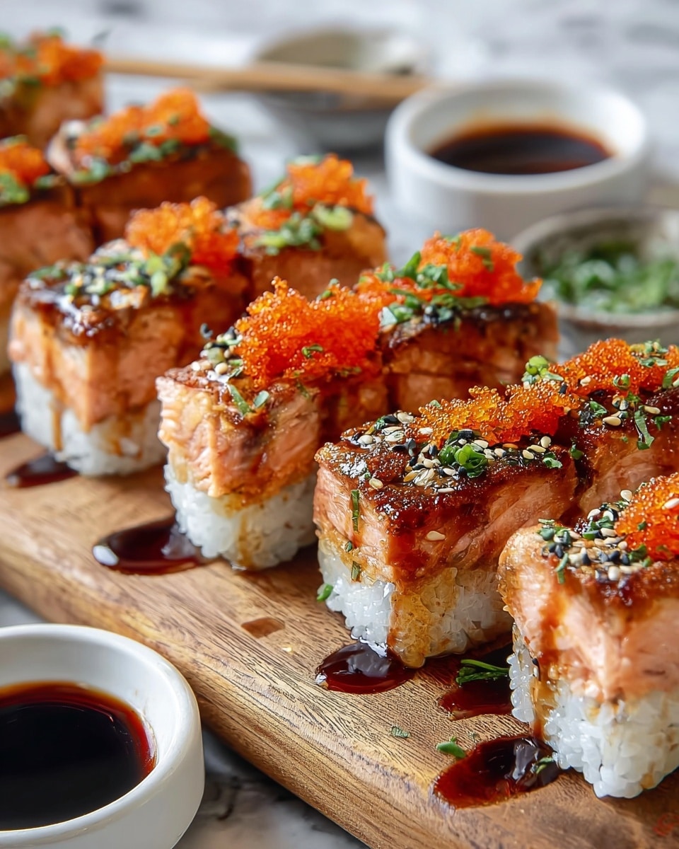 The image shows several pieces of sushi arranged in two rows on a wooden board. Each piece has three main layers: the bottom sticky white rice layer, a thick middle layer of cooked salmon with a light pink and slightly grilled texture, and a top layer covered with bright orange fish roe and small green chopped herbs. The sushi is drizzled with dark brown sauce, and sprinkled with white and black sesame seeds. In the background, there are small white bowls filled with dark soy sauce. The scene is set on a white marbled surface. photo taken with an iphone --ar 4:5 --v 7