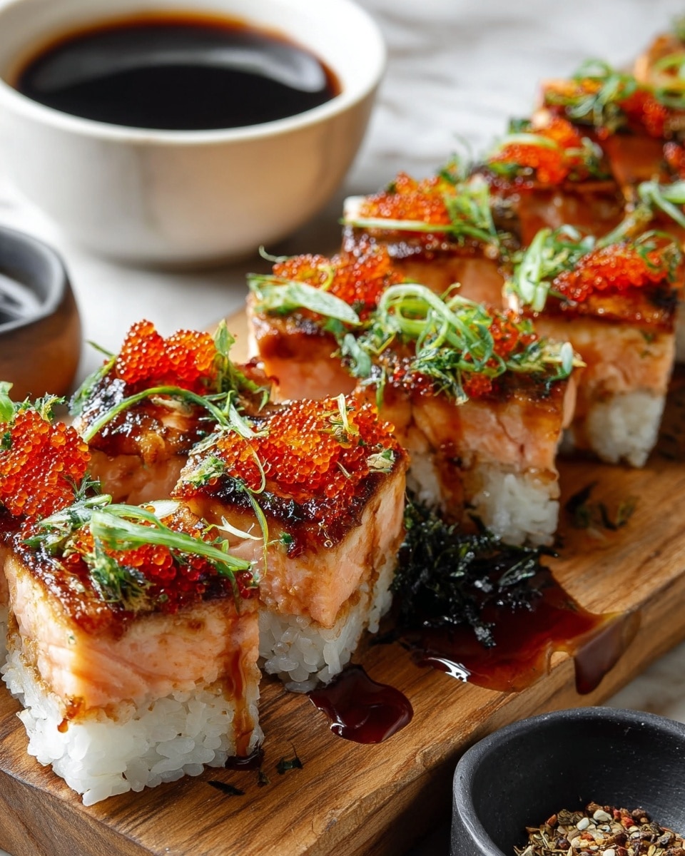 The image shows a line of sushi squares arranged on a wooden board, each with two main layers: a base of white sticky rice and a top layer of seared salmon with a shiny, caramelized surface. The salmon is covered with small bright orange fish roe and thinly sliced green onions, adding texture and color contrast. There are also small dark green seaweed pieces and a light drizzle of dark sauce pooling around the sushi, enhancing the rich appearance. In the background, a white bowl filled with dark soy sauce and a black bowl with spices add depth to the setting, all displayed on a white marbled texture. Photo taken with an iphone --ar 4:5 --v 7