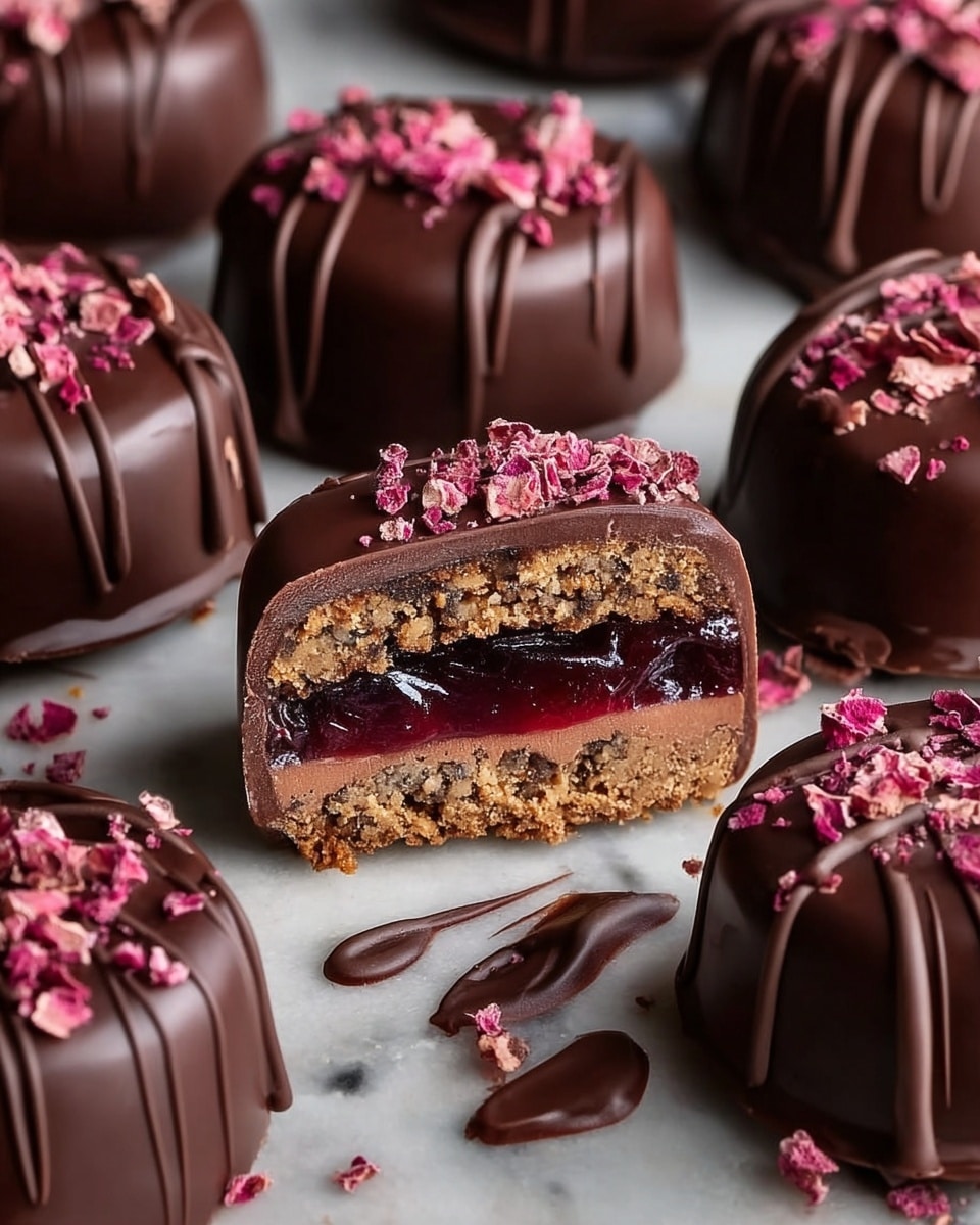 The image shows small round chocolate-covered treats arranged on a white marbled surface, each topped with bright pink and purple crunchy flakes. One treat is cut open, revealing three distinct layers: the bottom layer is a rough-textured, brown cookie-like base with visible oats or nuts; the middle layer is a thin, smooth, lighter brown cream; the top layer is a thick, glossy dark red jelly with a slightly chunky texture. The outer chocolate coating is smooth and shiny with a few drizzle lines and some melted chocolate around the edges. Scattered flakes and crumbs add to the richness. Photo taken with an iphone --ar 4:5 --v 7