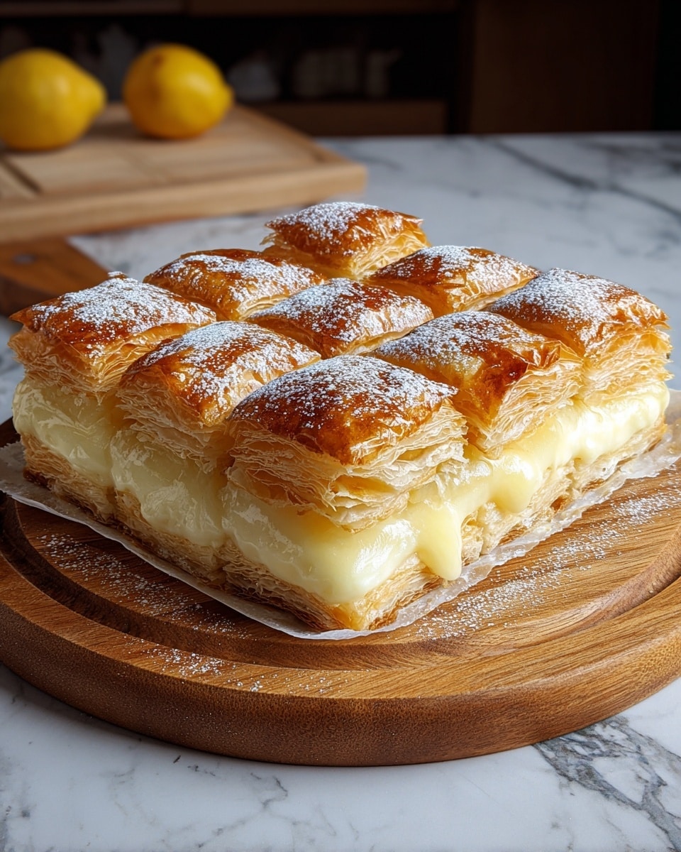 A square layered dessert is shown on a wooden round board placed on a white marbled surface. The dessert has two main layers: the bottom layer is a thick, creamy light yellow custard with a smooth texture, and the top layer is made of golden-brown puff pastry cut into sixteen equal square pieces. The puff pastry squares are fluffy with a shiny surface and lightly dusted with powdered sugar. The dessert looks soft, creamy, and flaky at the same time, with some custard gently oozing at the edges. Photo taken with an iphone --ar 4:5 --v 7