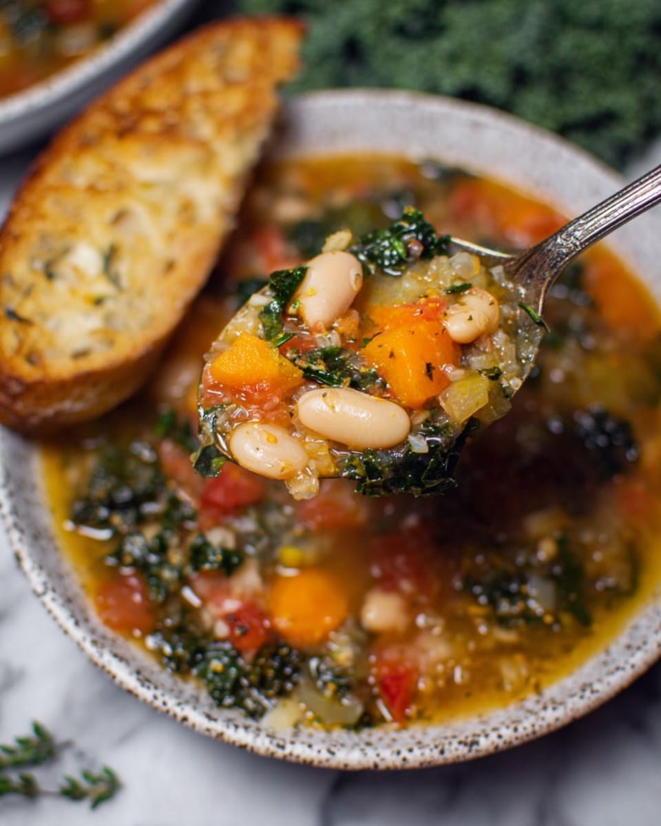 A spoon is held above a bowl of thick vegetable and bean soup, showing a close-up of the spoonful with white beans, orange carrot pieces, dark green kale, bits of quinoa, and a mix of small diced vegetables in a clear broth. The bowl is white with a speckled texture, filled with the same chunky soup, and a piece of toasted bread is placed beside the bowl on a white marbled surface, with blurred fresh herbs in the background. The colors are warm and earthy, emphasizing the mix of vegetables and beans. photo taken with an iphone --ar 4:5 --v 7