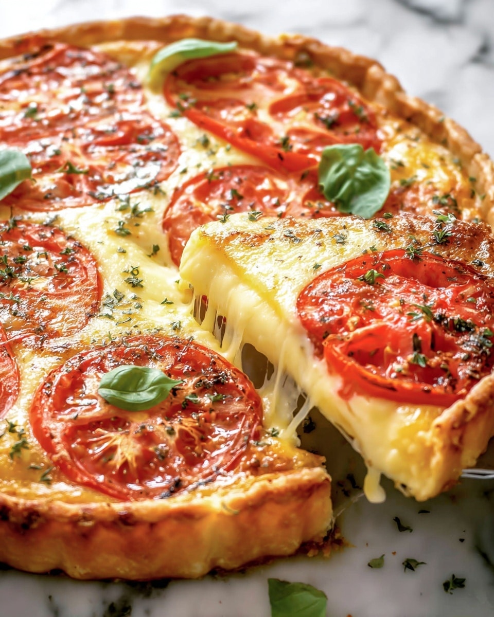 A close-up view of a round tart with a golden, flaky crust forming the bottom layer, topped with a smooth, melted cheese layer that is creamy yellow and slightly stretchy as a slice is being lifted. On top of the cheese, there are several thin, vibrant red tomato slices, each sprinkled with green herbs and small leaves of fresh basil scattered around. The tart sits on a white marbled surface, and the colors of the crust, melted cheese, and tomatoes create a warm and fresh look. photo taken with an iphone --ar 4:5 --v 7