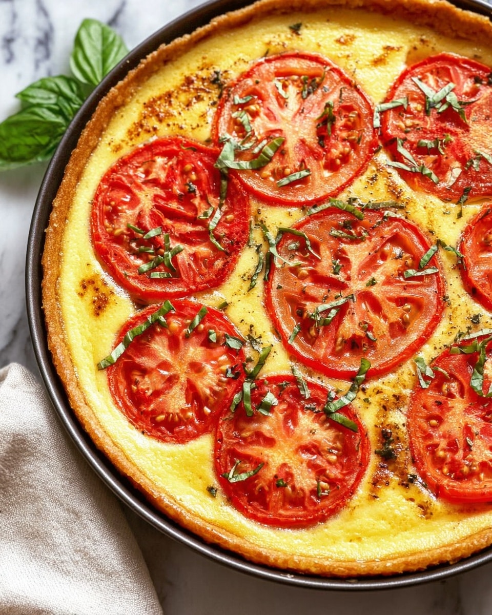 A round tart with a golden, slightly puffed crust filled with a smooth, creamy yellow custard base. On top, seven thinly sliced red tomato rounds are evenly spread, each slice showing visible seeds and slight caramelization on edges. Scattered across the tomatoes are small green herb leaves and finely chopped fresh basil, adding a touch of green contrast. The tart is in a dark baking pan, resting on a white marbled surface with a light cloth nearby. The image is vibrant with natural lighting highlighting the textures of the crust and juicy tomatoes. photo taken with an iphone --ar 4:5 --v 7