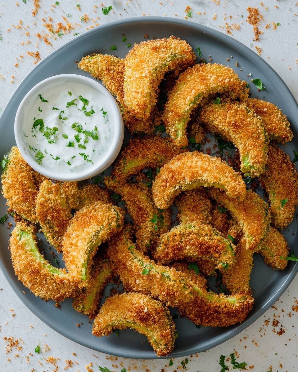 The image shows a white plate filled with many crispy avocado slices coated in golden, crunchy breadcrumbs. Each slice has a rough, textured outer layer with a few green edges visible, showing the avocado underneath. On the top left corner of the plate, there is a small white bowl filled with a creamy white dip garnished with chopped green herbs. The plate sits on a white marbled surface with some crumbs scattered around, creating a fresh and appetizing scene. photo taken with an iphone --ar 4:5 --v 7