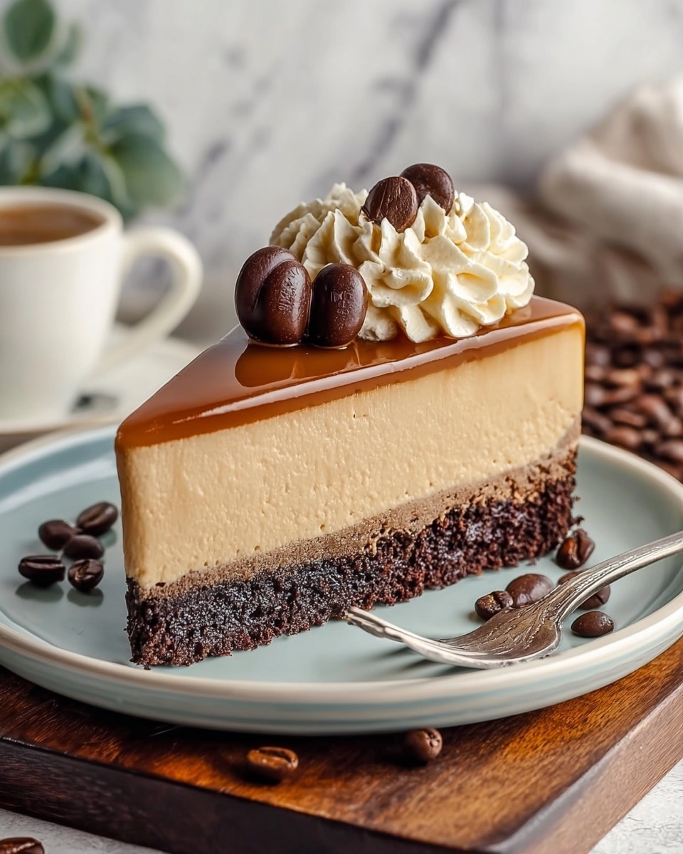 A slice of layered coffee-flavored cheesecake sits on a white plate with a light blue rim. The bottom layer is dark brown and crumbly, resembling a chocolate cookie crust. Above that is a thick, smooth, creamy light brown cheesecake layer. The top layer is a shiny caramel-colored glaze. On top of the slice, there is a swirl of light cream with three dark roasted coffee beans placed on it, along with two coffee bean-shaped chocolates. Some coffee beans are scattered around the plate, and a silver fork rests on the plate’s edge. The plate is set on a dark wooden board with a white marbled background behind it. Photo taken with an iphone --ar 4:5 --v 7
