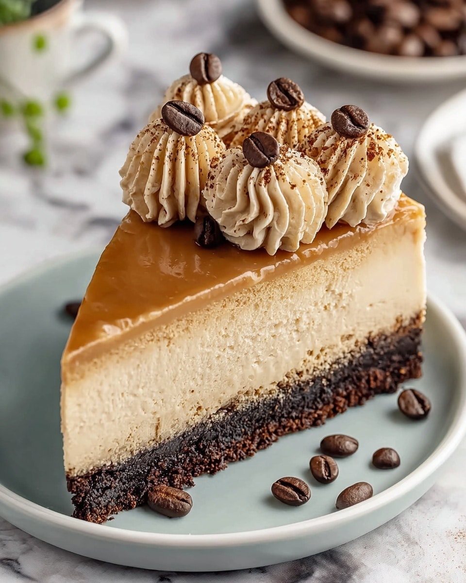 A slice of coffee-flavored cheesecake is shown with three visible layers: a dense, dark brown crumbly crust at the bottom, a thick, creamy light beige middle layer with a smooth texture, and a shiny, light caramel-colored glaze on top. The top is decorated with five swirls of beige whipped cream, sprinkled with cocoa powder, and topped with whole dark brown coffee beans. The slice sits on a white plate with a light blue inner surface, placed on a white marbled background with coffee beans scattered around. photo taken with an iphone --ar 4:5 --v 7