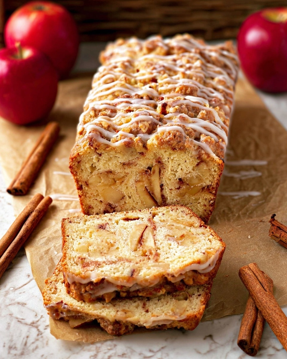 A loaf of apple cinnamon bread is shown sliced, with two thick pieces in front and the rest of the loaf behind them on brown parchment paper. The bread has a light golden color with visible bits of apple and cinnamon swirled inside. The top layer is crumbly with a drizzle of white glaze running over it. Around the bread are cinnamon sticks and two shiny red apples in the background, all set on a white marbled texture. Photo taken with an iphone --ar 4:5 --v 7
