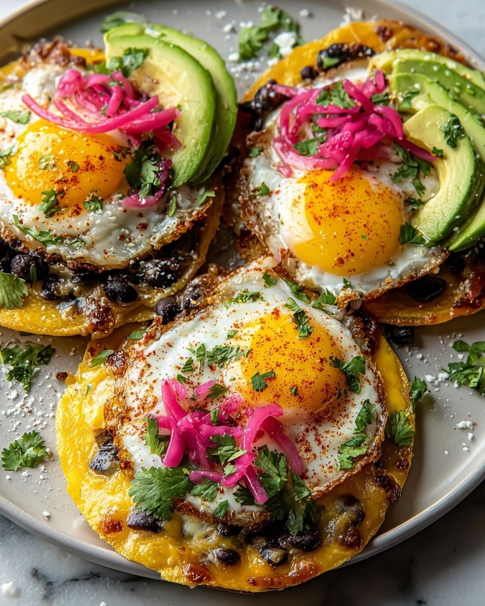 The image shows three tostadas on a round white plate, each with four visible layers. The bottom layer is a crispy golden-brown corn tortilla; the second layer is melted yellow cheese mixed with black beans scattered unevenly. On top, there is a fried egg with a bright, shiny yolk and crispy edges. The eggs are garnished with green cilantro leaves and a sprinkle of red chili powder. The topmost layer includes fresh green avocado slices and bright pink pickled onions placed in small piles on each tostada. The plate rests on a white marbled surface with small bits of cilantro and cheese scattered around. Photo taken with an iphone --ar 4:5 --v 7