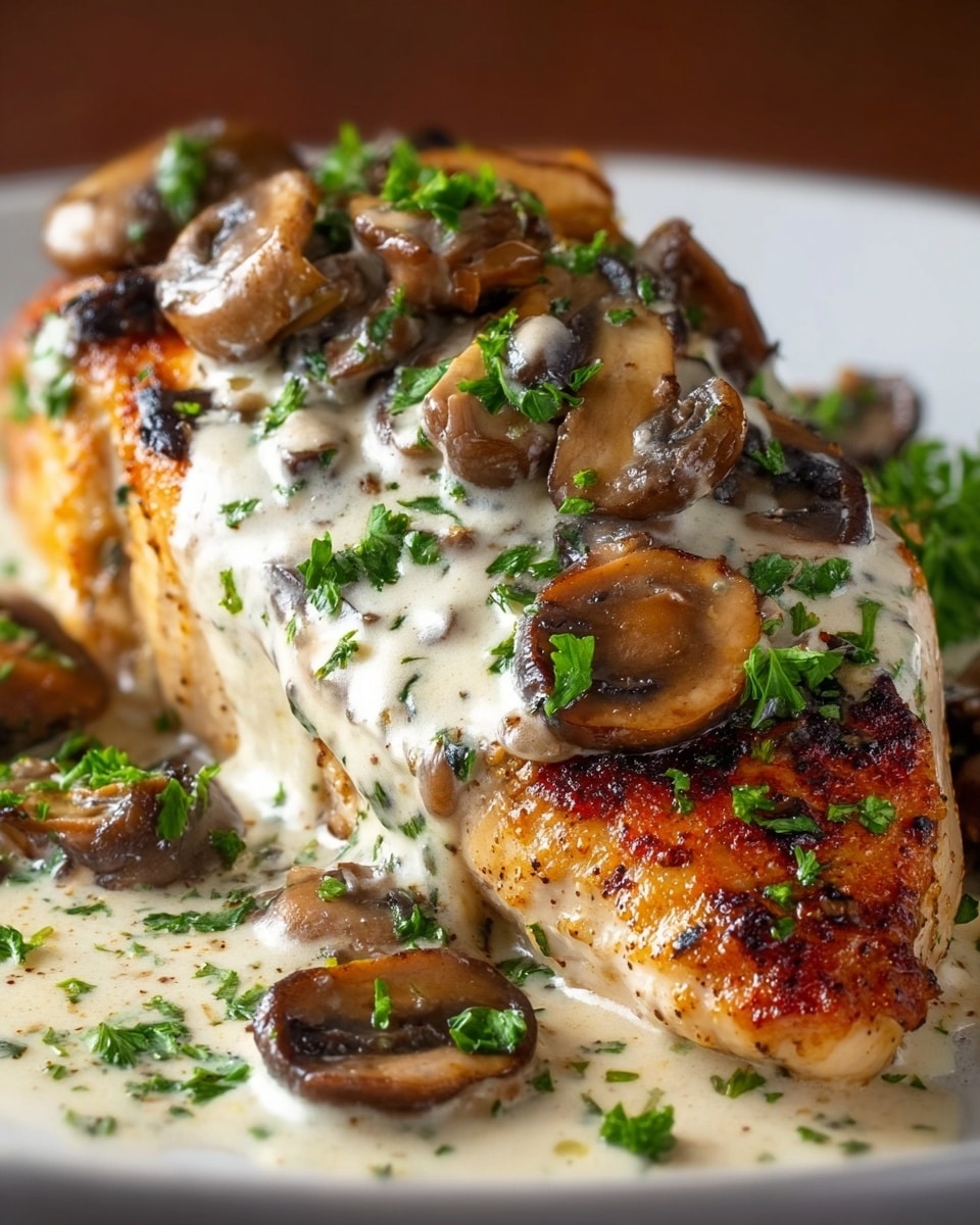 A close-up of a grilled chicken breast with a golden brown, slightly charred skin as the bottom layer, covered by a creamy white sauce mixed with cooked, sliced brown mushrooms scattered on top and around the chicken. The dish is garnished with small pieces of chopped green parsley spread evenly. The food is served on a white plate with a white marbled background. Photo taken with an iphone --ar 4:5 --v 7