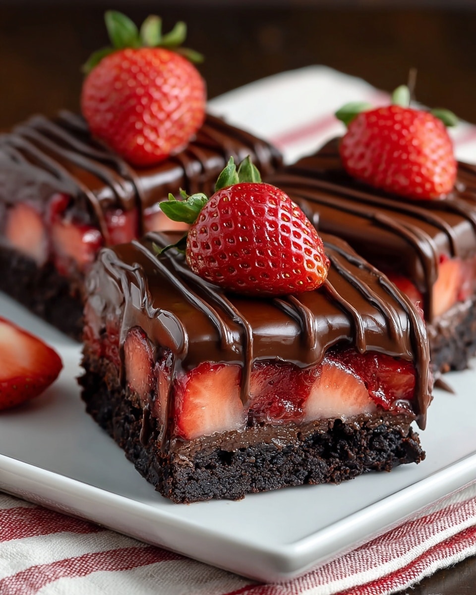 A close-up view of three square chocolate brownie pieces arranged on a white plate, placed on a white marbled textured surface with a red-striped cloth underneath. Each brownie has three visible layers: the bottom layer is dark and crumbly chocolate brownie, the middle layer is thick, smooth dark chocolate ganache mixed with bright red sliced strawberries embedded inside, and the top layer is a glossy dark chocolate ganache coating. The brownies are decorated with thick dark chocolate drizzle lines across the top. Each piece is topped with a fresh, halved strawberry with green leaves, adding a pop of red color. Photo taken with an iphone --ar 4:5 --v 7