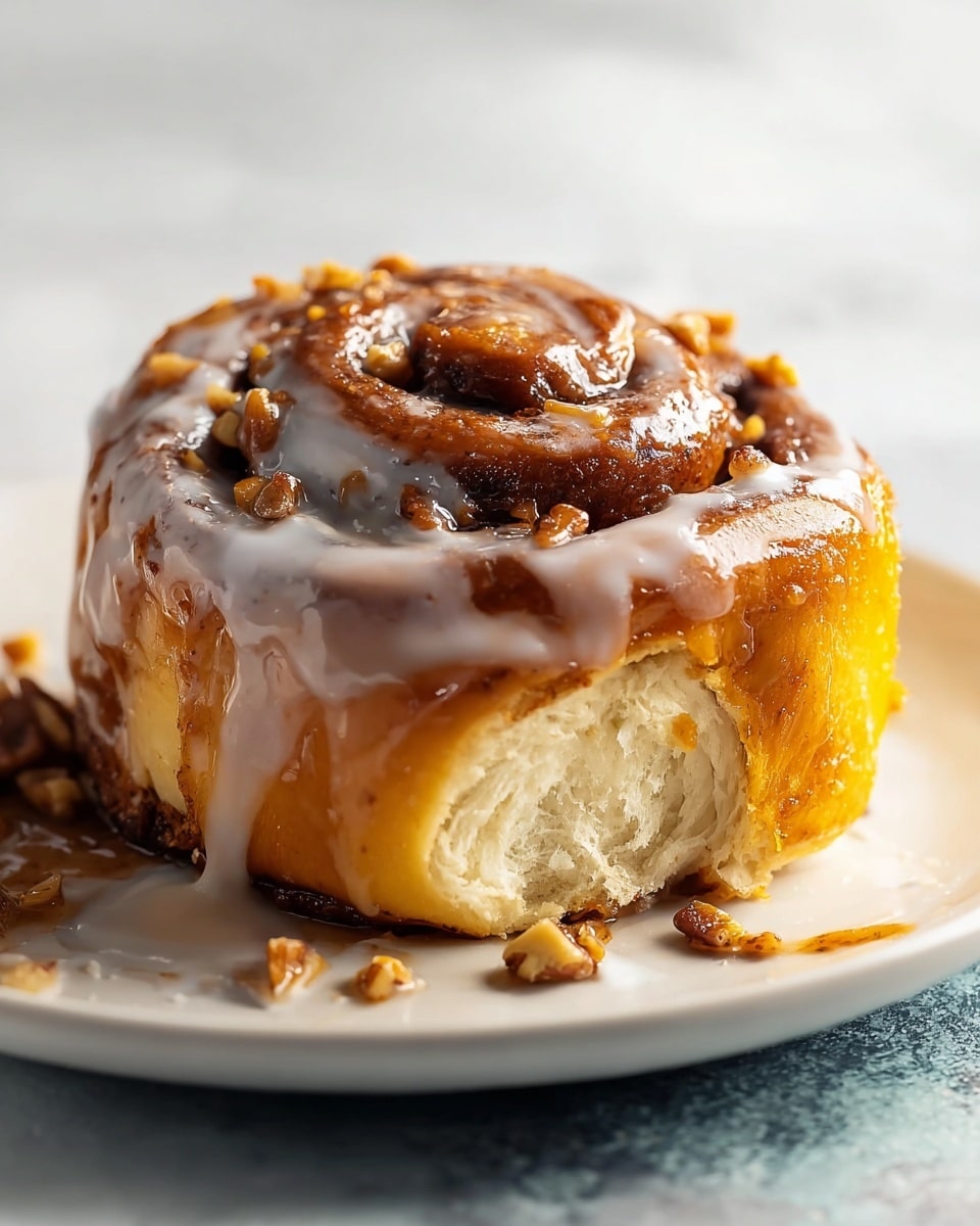 The image shows a close-up of a cinnamon roll on a white plate, set on a white marbled texture. The cinnamon roll has three visible layers: the bottom layer is light beige soft dough, the middle layer is a darker cinnamon swirl, and the top layer is covered with thick, shiny brown glaze with white icing drizzled over it. The glaze flows down the sides of the roll, pooling slightly on the plate. Small bits of nuts or cinnamon pieces are scattered on top and around the plate, adding texture. Photo taken with an iphone --ar 4:5 --v 7