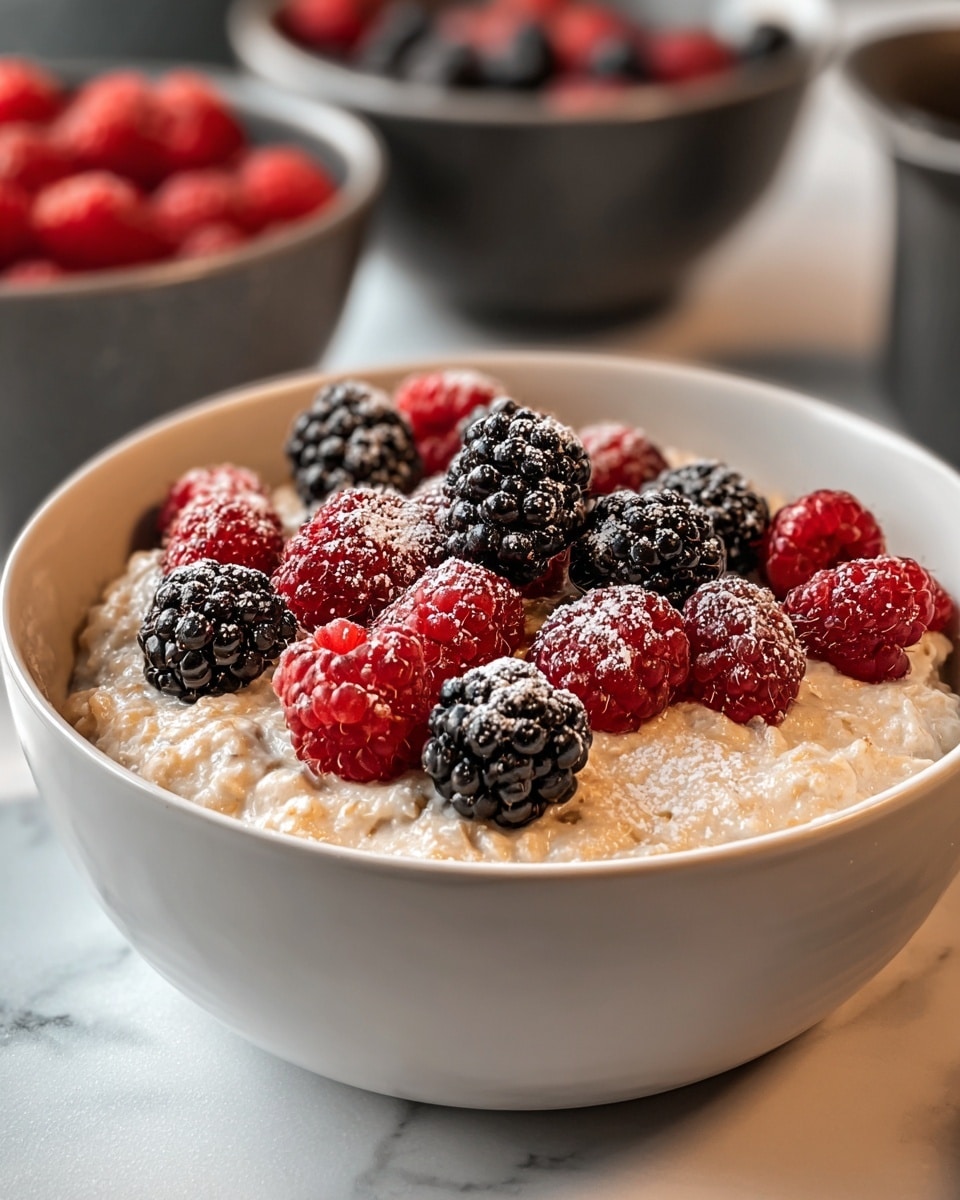 A bowl filled with a creamy, light beige oatmeal layer that looks thick and slightly textured, topped with an even layer of fresh berries including bright red raspberries and dark blackberries, all dusted lightly with white powdered sugar. The bowl is white, placed on a white marbled surface, and there are blurred out bowls with berries in the background. Photo taken with an iphone --ar 4:5 --v 7