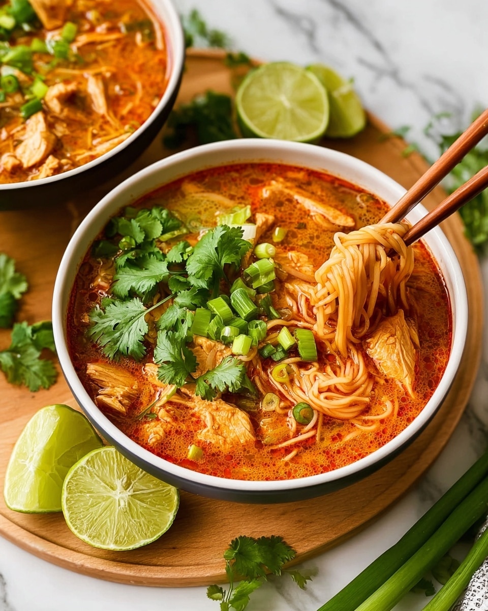 A black Staub pan filled with a rich orange-red soup with thin noodles, chunks of chicken, and small red and green vegetable pieces, topped with bright fresh cilantro leaves scattered across the surface. The pan sits on a white marbled texture with a small bunch of fresh green cilantro to the right and several lime wedges arranged on a small wooden board above the pan. In the lower part of the image, a matte dark grey plate holds a pair of brown chopsticks resting neatly together. The scene is bright and inviting, focusing on the vibrant colors and textures of the dish. photo taken with an iphone --ar 4:5 --v 7