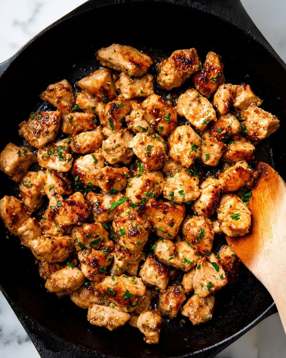 This image shows a black cast iron pan filled with many pieces of golden-brown cooked chicken. The chicken chunks are roughly cut and have a crispy texture with a light sprinkle of chopped green herbs on top, creating a contrast with the warm brown tones of the meat. There is a wooden spoon on the right edge of the pan. The pan rests on a white marbled surface. photo taken with an iphone --ar 4:5 --v 7