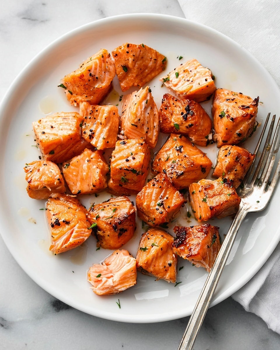 A white plate holds many small, golden-orange pieces of cooked salmon with light charred marks and some black pepper spots. The salmon chunks show a moist and flaky texture with shiny surfaces and a few green herb bits scattered for color contrast. A fork rests on the side of the plate, partially touching the salmon, all placed on a white marbled surface. photo taken with an iphone --ar 4:5 --v 7