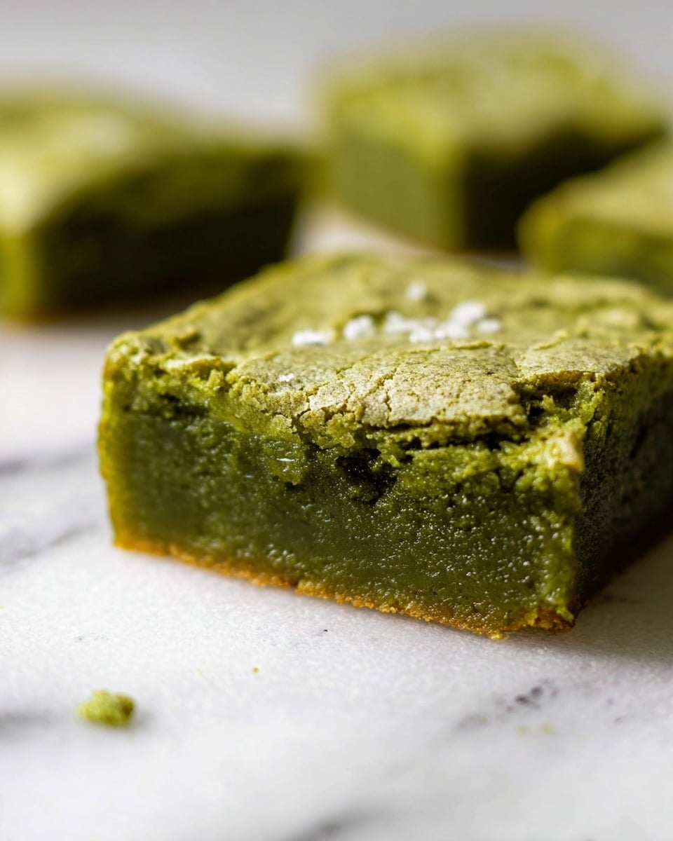 A close-up view of a single green brownie square placed on a white marbled surface, showing two layers: a slightly cracked, rough textured top layer in a pale green shade, and a dense, moist, darker green bottom layer with a soft, gooey texture. There are small specks of salt on the surface of the brownie. In the background, blurry pieces of the same green brownie are softly out of focus, creating depth. Photo taken with an iphone --ar 4:5 --v 7
