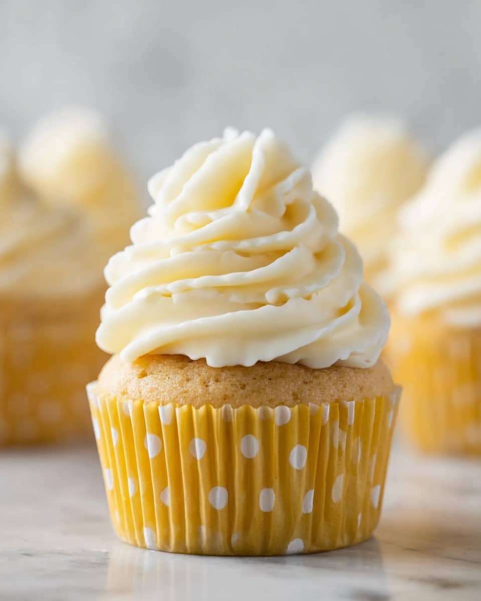 A close-up view of a single cupcake with a yellow wrapper dotted with white spots; the cake part is light brown and topped with a tall, swirled layer of creamy white frosting that has a smooth and fluffy texture radiating upward in soft peaks. Behind it, parts of similar cupcakes are softly blurred, set against a white marbled surface background. photo taken with an iphone --ar 4:5 --v 7