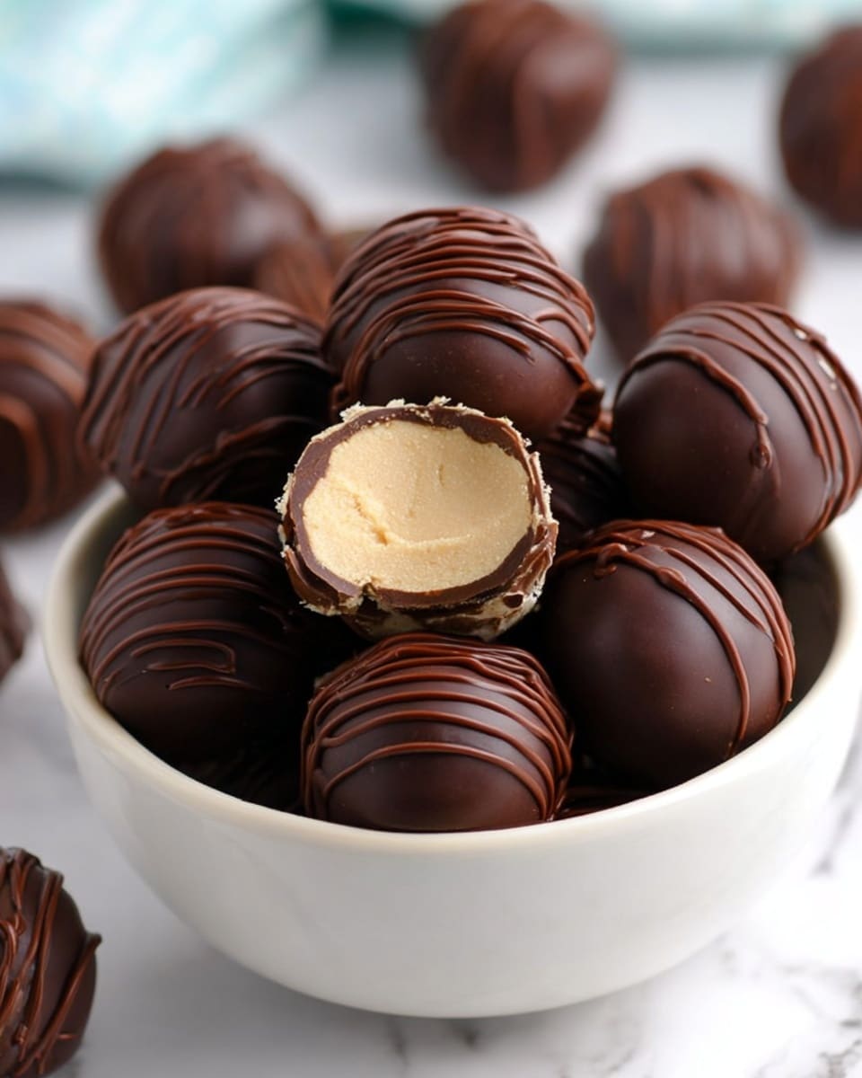 A white bowl filled with round chocolate truffles that have a shiny dark brown chocolate coating with thin chocolate lines drizzled on top. One truffle, placed near the center, is cut in half showing a smooth light beige creamy filling inside, contrasting with the thicker darker chocolate shell outside. The bowl sits on a white marbled surface with more truffles scattered around it in the background. photo taken with an iphone --ar 4:5 --v 7