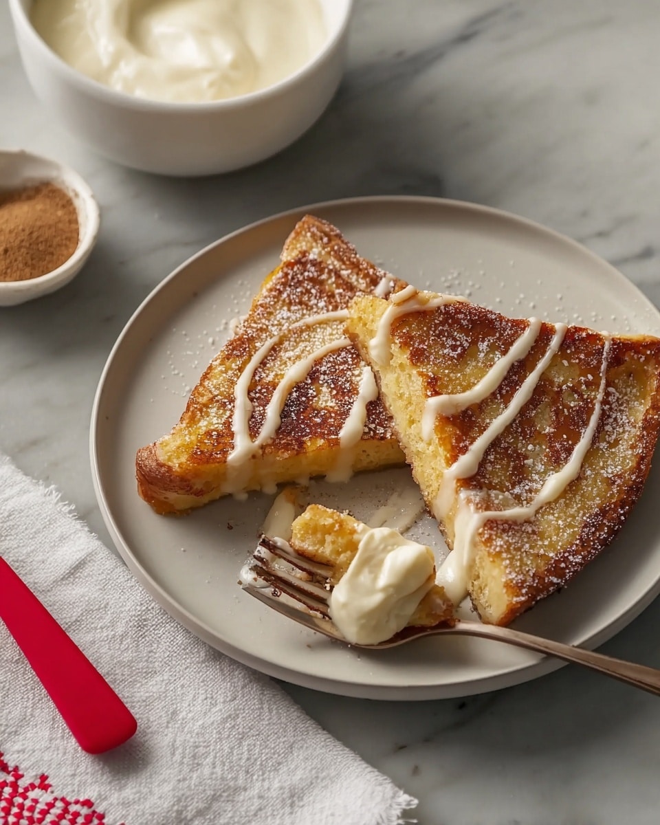 A white plate holds two triangular pieces of golden-brown fried bread, slightly crisp on the edges with a sugar coating that adds a slight sparkle; the top slice is decorated with a zigzag of smooth white cream or sauce. One piece is partially cut and resting on a fork with a red handle, showing the soft, light yellow inside of the bread. The plate is on a white marbled surface with a white cloth featuring a red stitch pattern underneath. Nearby, there is a white bowl filled with smooth white cream and a spoon resting inside it, and a small white bowl holding a fine brown powder. photo taken with an iphone --ar 4:5 --v 7
