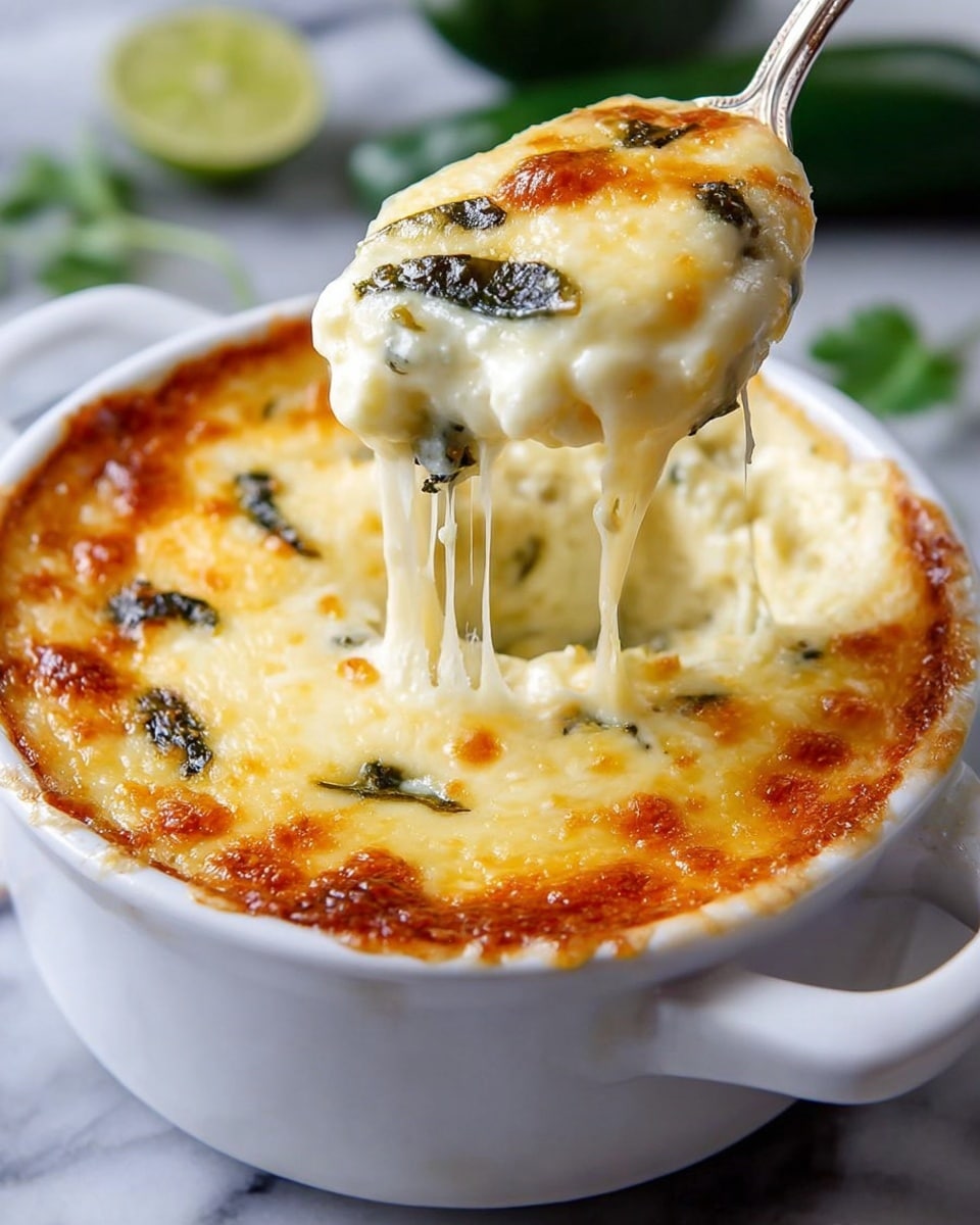 A white bowl filled with creamy baked cheese casserole, showing one thick top layer of melted golden-brown cheese with a bubbly texture and some dark green herbs sprinkled on top. Under this top layer, gooey, white melted cheese stretches as a spoon lifts a portion, revealing melted cheese strings. Below the cheese layer, there are visible soft white and light yellow creamy layers mixed with small dark green vegetable pieces. The bowl sits on a white marbled surface with some blurred green herbs and a lime wedge in the background. Photo taken with an iphone --ar 4:5 --v 7
