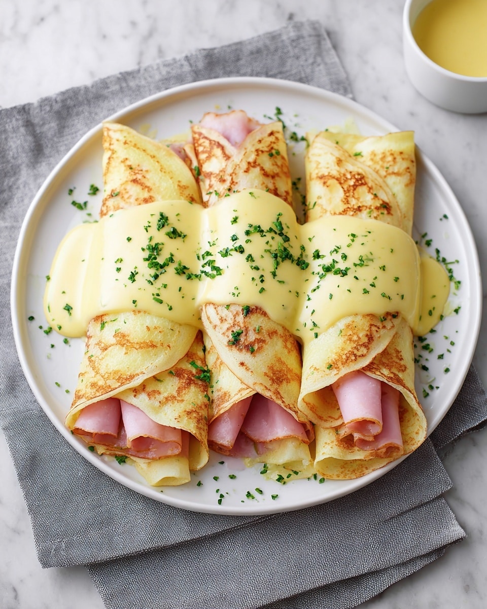 Three rolled crepes lie side by side on a white plate, each crepe golden brown with light crispy edges and filled with thin, folded slices of pink ham visible at both ends. On top of the middle of each crepe is a smooth, pale yellow hollandaise sauce covering about half of each crepe. The entire dish is sprinkled with bright green chopped herbs, adding a fresh contrast. The plate rests on a folded gray cloth napkin over a white marbled surface. In the top right corner, a small white bowl holds extra hollandaise sauce. photo taken with an iphone --ar 4:5 --v 7