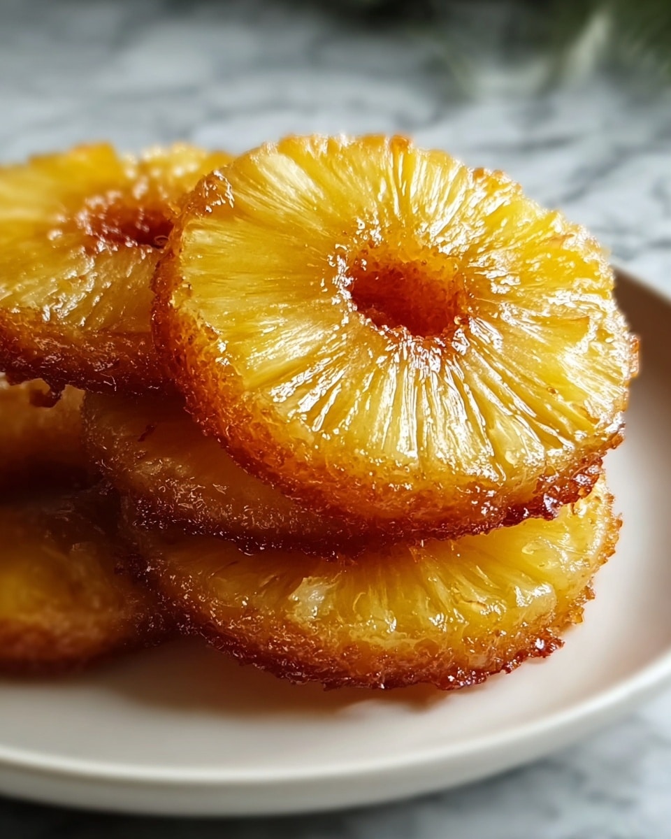 The image shows a close-up of a stack of four thin, round pineapple cakes on a white plate. Each cake has a golden-brown crispy edge with a caramelized texture. On top of each cake is a bright yellow pineapple ring with a glossy, juicy surface and visible segments radiating from the center hole. The pineapple slices have a slightly translucent look, and the cakes beneath them appear moist and tender. The background has a soft blur with a white marbled texture surface visible under the plate. photo taken with an iphone --ar 4:5 --v 7