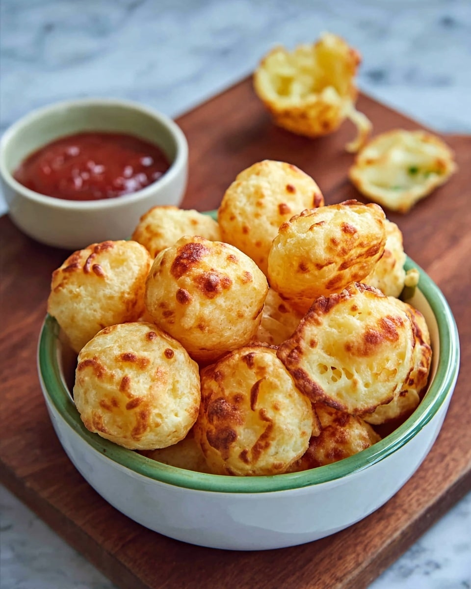 A bowl filled with small, round golden cheese puffs that have a slightly crispy texture and a soft inside, each puff showing light browning spots on the surface. The bowl is white with a green inner rim. Behind the bowl on a wooden board sits a small white bowl with red dipping sauce, and a cheese puff is broken open resting beside it. The whole scene is set on a white marbled surface. Photo taken with an iphone --ar 4:5 --v 7