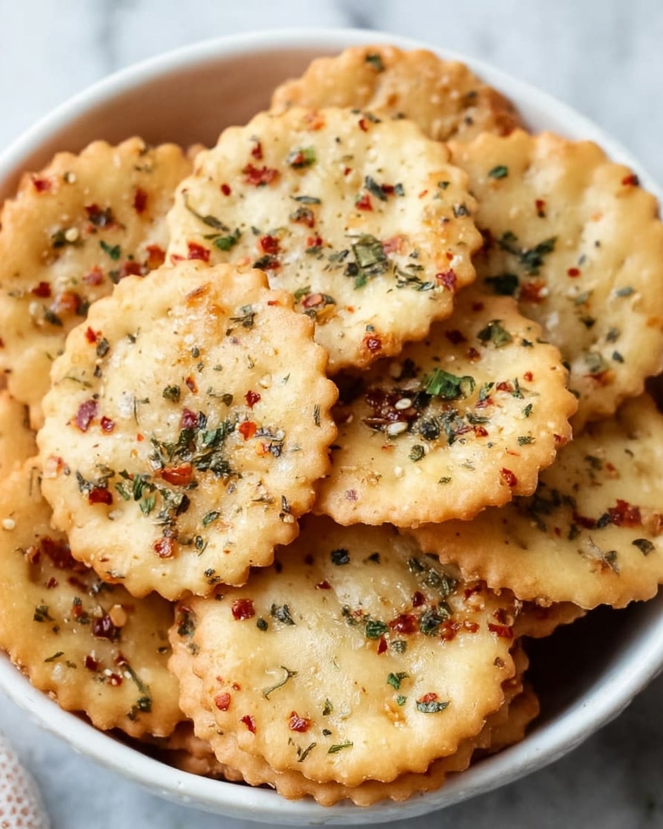 A close-up photo shows a white bowl filled with round crackers that have scalloped edges. Each cracker is golden brown with a crunchy texture and topped with herbs and red chili flakes, scattered unevenly across the surfaces. The crackers are stacked loosely in the bowl on a white marbled surface background. The image captures the details of the seasoning and the crackers' light, crispy texture. Photo taken with an iphone --ar 4:5 --v 7