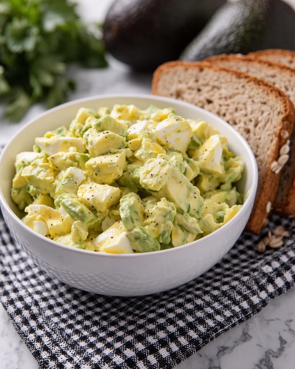 A white bowl filled with a creamy avocado egg salad made of chopped pale yellow eggs and green avocado pieces mixed in a light yellow creamy dressing with small black pepper specks visible, placed on a black and white checkered cloth next to three slices of light brown whole grain bread with oat flakes on the crust, all set on a white marbled surface with two dark green whole avocados and some green leafy herbs blurred in the background, photo taken with an iphone --ar 4:5 --v 7