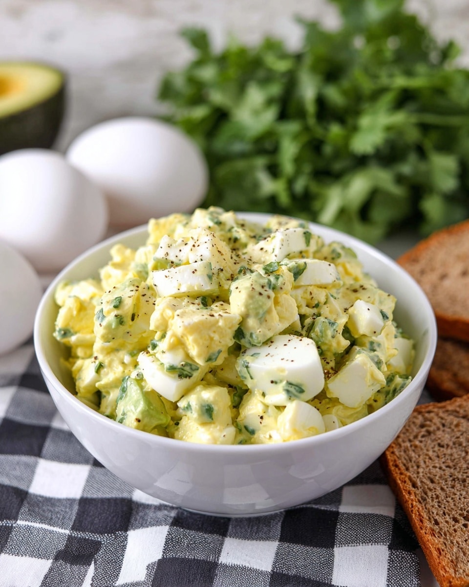A white bowl filled with a creamy egg salad made of chopped hard-boiled eggs mixed with diced avocado and small bits of green herbs, all coated in a pale yellow dressing with visible black pepper specks on top; the salad has a chunky texture with soft cubes of egg whites and yolks blending with the smooth avocado pieces. The bowl sits on a black and white checkered cloth with fresh green cilantro bunches and whole avocados along with three white eggs in the blurred white marbled textured background, and a slice of brown multigrain bread on the right edge of the frame. Photo taken with an iphone --ar 4:5 --v 7