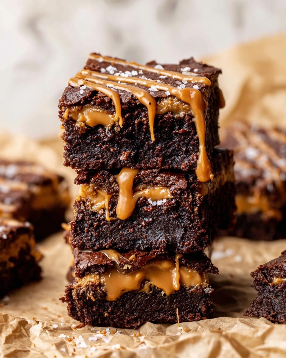 This image shows a group of square brownies arranged closely together on a white marbled surface. Each brownie has three visible layers: a bottom dark chocolate layer that looks moist and dense, a middle golden caramel layer that appears soft and gooey, and a top layer with a light brown cookie crust textured with cracks. The surface of each brownie is decorated with thin drizzles of caramel sauce and small flakes of sea salt, adding contrast and shine. One brownie is placed on its side in the middle to clearly show the layered cross-section. The overall look is rich and inviting. photo taken with an iphone --ar 4:5 --v 7