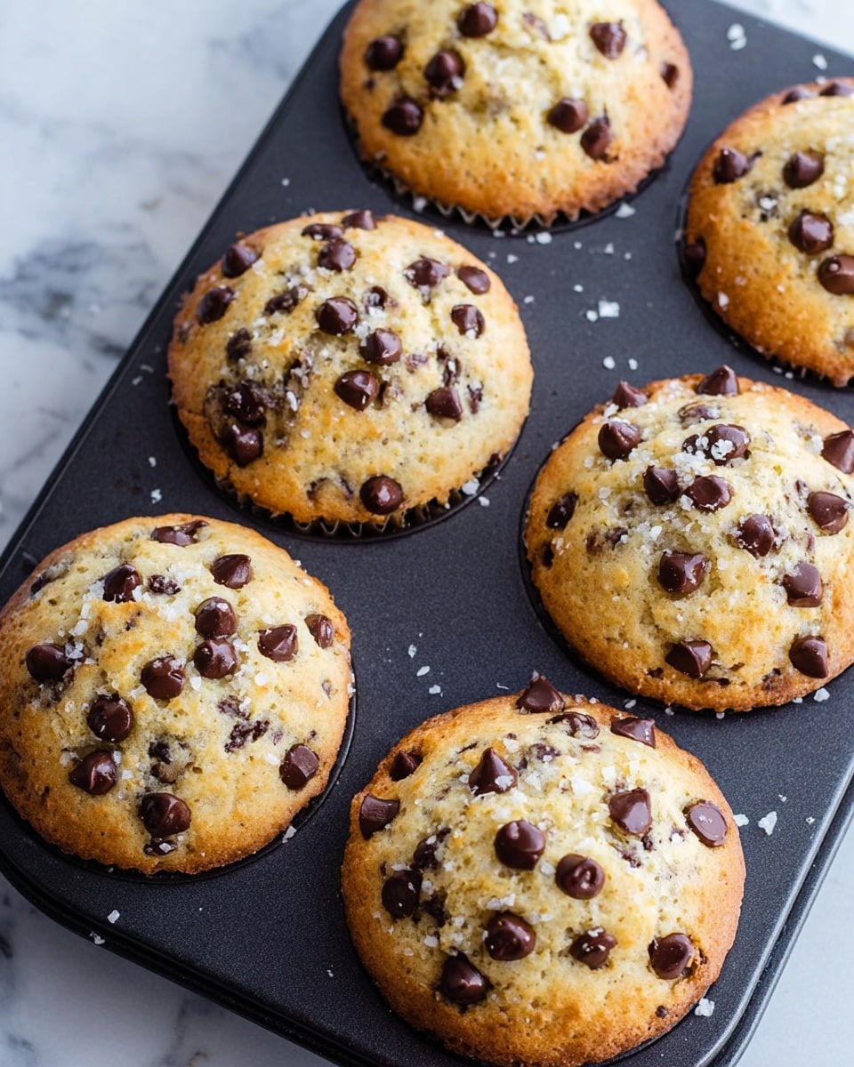 A close-up view of a golden brown chocolate chip muffin with a slightly rough texture and scattered dark chocolate chips on top, resting on two pieces of white parchment paper on a dark wooden surface. Behind the muffin is a metallic baking tray holding more muffins, all golden and dotted with chocolate chips. To the right, a white cup with black text on it is partially visible, filled with a dark beverage. The background shows a contrast between the dark wooden surface and a white marbled texture. photo taken with an iphone --ar 4:5 --v 7