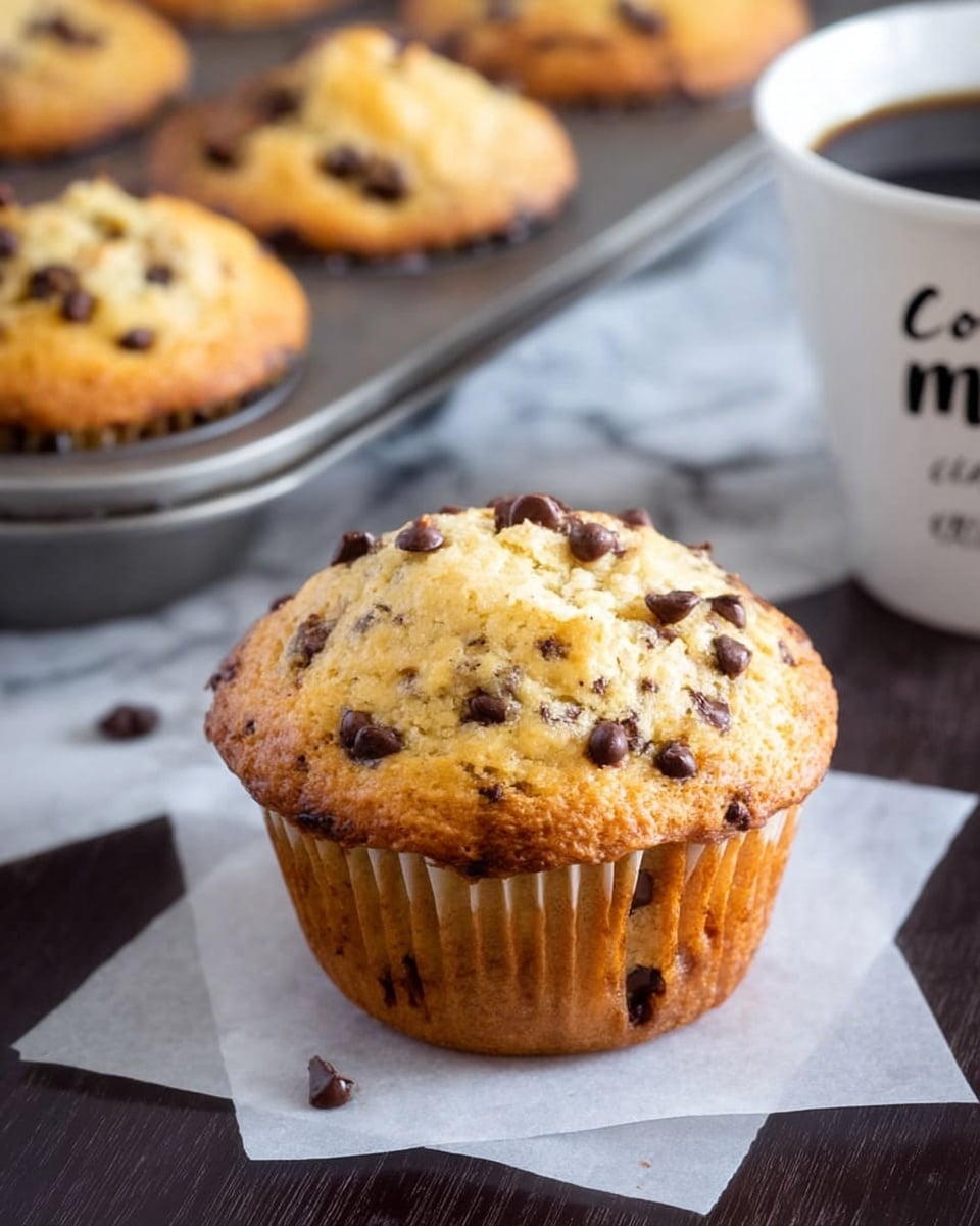 A close-up view of six freshly baked chocolate chip muffins inside a dark baking tray. Each muffin has a golden-brown top with a soft, crumbly texture, dotted generously with shiny, dark brown chocolate chips that contrast with the pale, fluffy muffin base. A few white grains of coarse salt are sprinkled on the muffins, enhancing their visual appeal. The tray sits on a white marbled surface, creating a clean and bright backdrop. Photo taken with an iphone --ar 4:5 --v 7