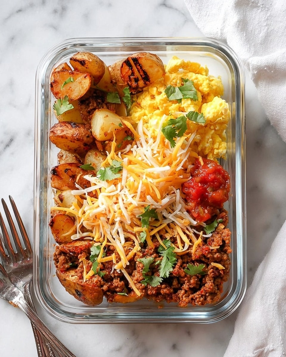 The image shows three cooked dishes on a white marbled surface: a white pan filled with crumbled ground meat mixed with finely chopped vegetables, which has a brownish color with hints of red and orange spices; a white baking dish containing roasted potato halves, golden brown and crispy on the outside, with hints of black pepper sprinkled over them; and a black frying pan holding soft yellow scrambled eggs with a fluffy texture. Fresh green cilantro leaves are partly visible at the top left corner. photo taken with an iphone --ar 4:5 --v 7