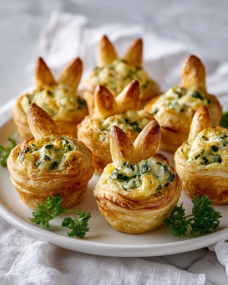 The image shows several small golden brown pastry cups arranged neatly on a white plate with a white marbled surface underneath. Each cup is filled with a creamy mixture, speckled with green herbs, and two small pointed puff pastry pieces stick out from the filling like bunny ears. The pastry cups have a crisp, flaky texture with a slightly puffed, rounded edge. The overall scene is bright with soft natural light, and there's a sprig of green parsley on the plate for garnish. photo taken with an iphone --ar 4:5 --v 7