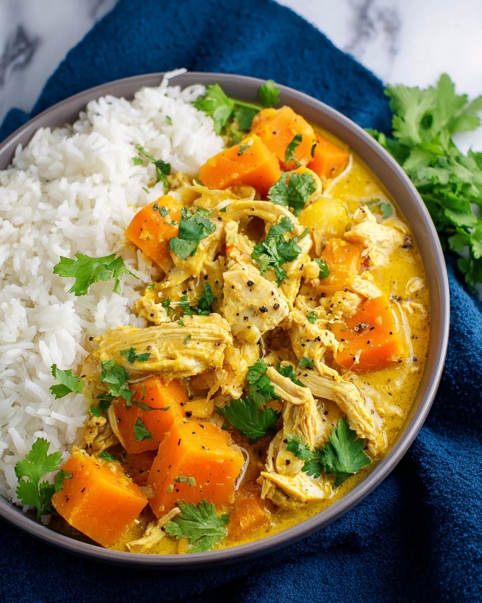 The dish shows a white bowl filled halfway with fluffy white rice on the left side, while the right side holds a thick yellow curry with tender shredded chicken and chunky orange sweet potato pieces. The curry has a glossy, slightly oily texture with black pepper specks on top. Fresh bright green cilantro leaves are scattered across the middle, separating the rice and curry. The whole bowl sits on a deep blue cloth over a white marbled surface. photo taken with an iphone --ar 4:5 --v 7