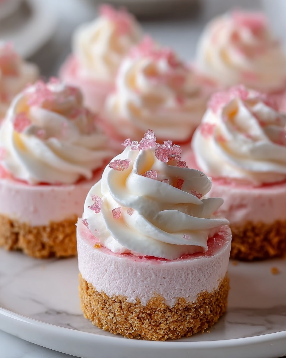 A close-up view of several small, round desserts arranged on a white plate placed on a white marbled surface. Each dessert has two layers: the bottom layer is a crumbly, golden brown crust with a rough texture, and the top layer is a smooth, pale pink mousse. On top of each mousse layer is a swirl of creamy white whipped topping, decorated with small pink sugar crystals scattered across the surface. The focus is on one dessert in the foreground, showing detailed texture and color, while the others are softly blurred in the background. Photo taken with an iphone --ar 4:5 --v 7