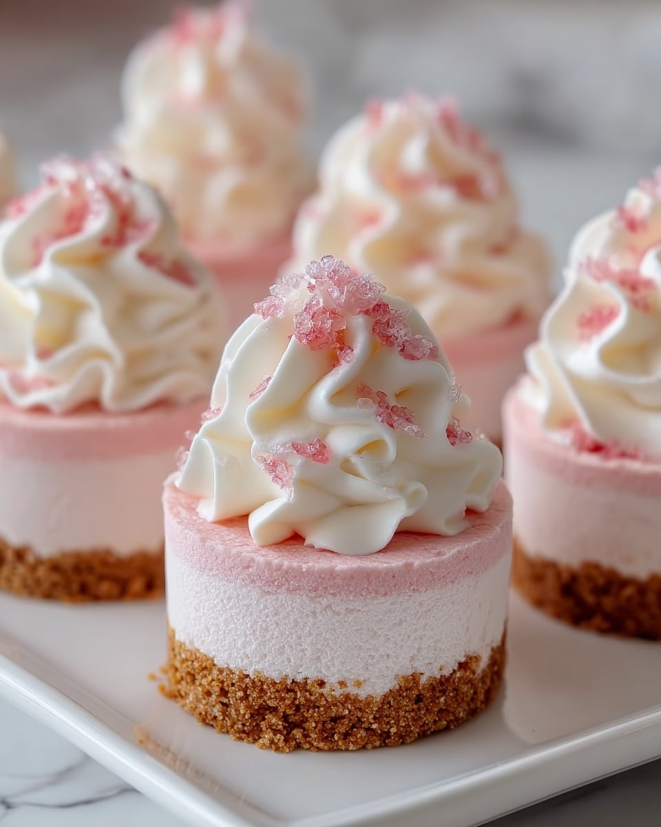 The image shows small round desserts with three visible layers placed on a white rectangular plate. The bottom layer is a crumbly brown crust, rough in texture and about one-third of the total height. The middle layer is a smooth light pink mousse or cream, soft and thick, making up about half the dessert's height. The top layer is a white whipped cream swirled in tall, soft curls and sprinkled with tiny pink sugar crystals. The background has a white marbled texture that is blurred, focusing attention on the desserts. Photo taken with an iphone --ar 4:5 --v 7