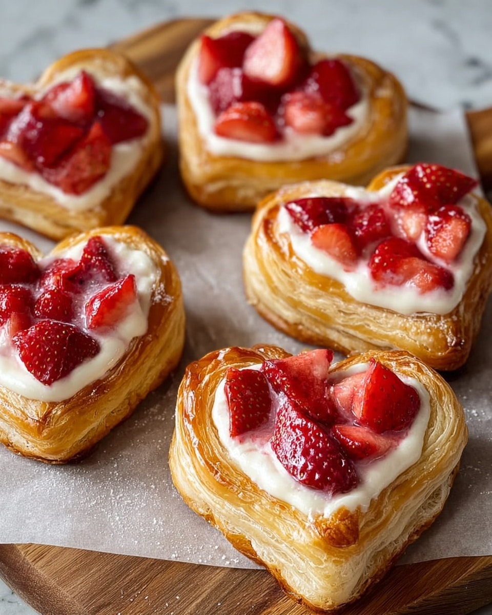 The image shows several heart-shaped pastries arranged on parchment paper over a wooden board on a white marbled surface. Each pastry has a golden, flaky, puff pastry base with multiple visible layers. On top is a ring of smooth white cream filling that holds glossy, bright red strawberry pieces cut into chunks, some whole or halved, with a light glaze giving them a shiny look. The strawberries sit prominently in the center, contrasting with the pale cream and golden pastry. photo taken with an iphone --ar 4:5 --v 7