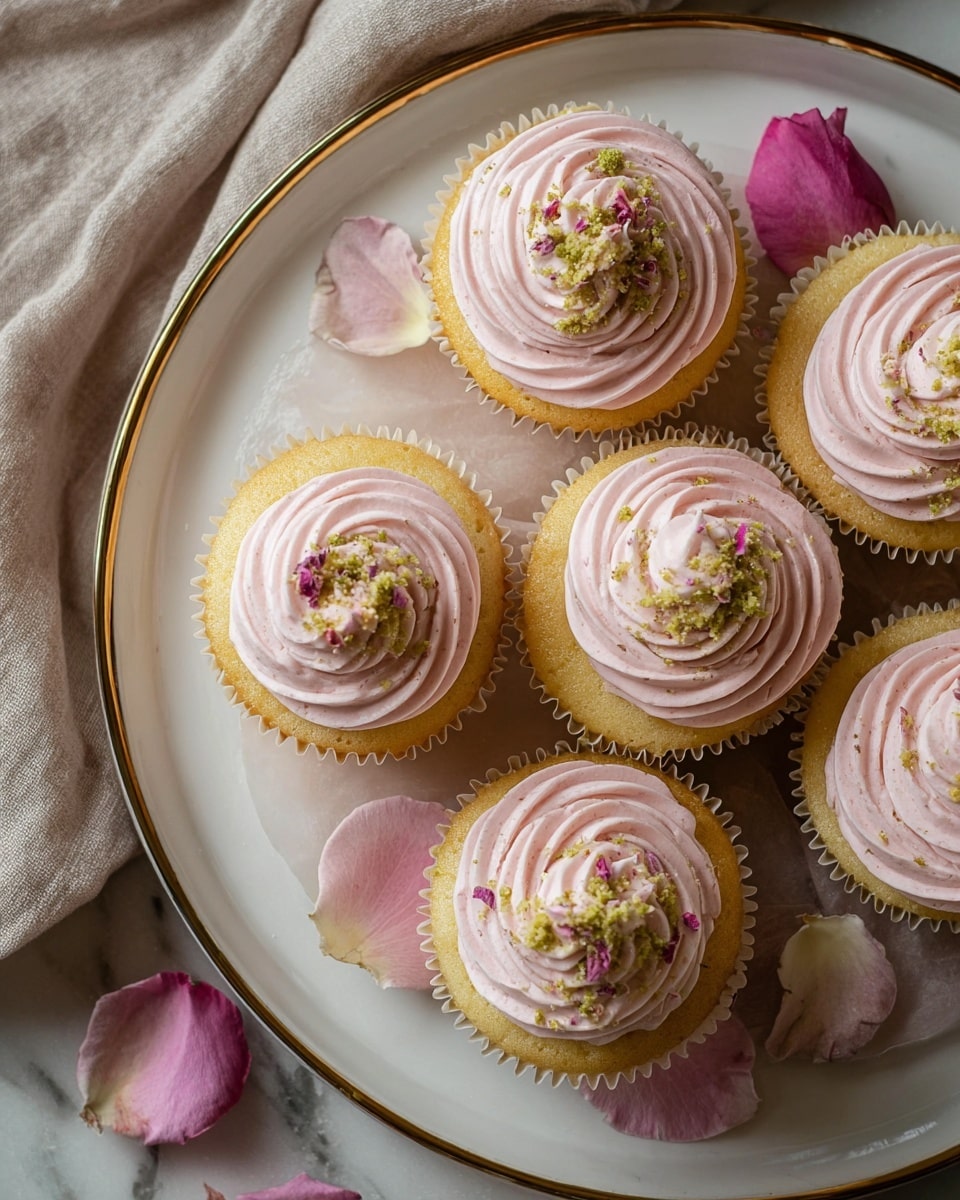 A close-up view of six cupcakes arranged on a white plate with a gold rim, each cupcake having a golden-yellow base and topped with a swirl of pale pink frosting. The frosting is smooth and fluffy, forming a circular, layered peak on each cupcake, adorned with a sprinkle of green crumbly topping and small pink flower petals. The plate is lined with light pink fabric and a few small pink closed rose buds placed around the cupcakes. The plate rests on a white marbled surface, partially covered with a soft beige cloth. Photo taken with an iphone --ar 4:5 --v 7