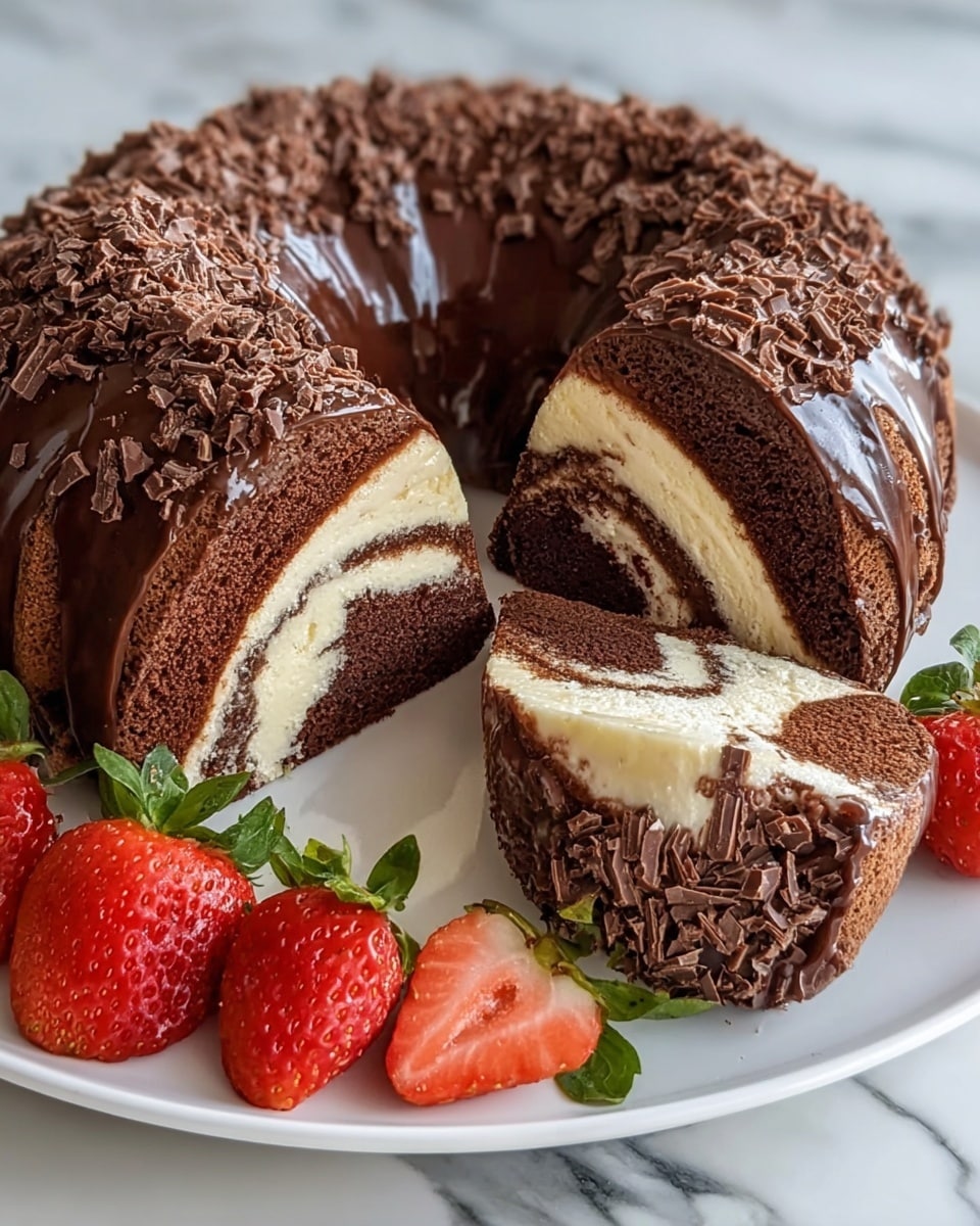 A chocolate and vanilla swirl bundt cake is shown sliced open on a white plate, revealing three visible spiral layers inside - rich dark brown chocolate cake, creamy white vanilla filling, and a thin chocolate layer mixed within. The top of the cake is thickly covered with shiny chocolate glaze and sprinkled with curly chocolate shavings. In front of the cake slices are fresh strawberries, some sliced and some whole with green leaves, adding bright red and green colors. The plate is set on a white marbled surface. Photo taken with an iphone --ar 4:5 --v 7