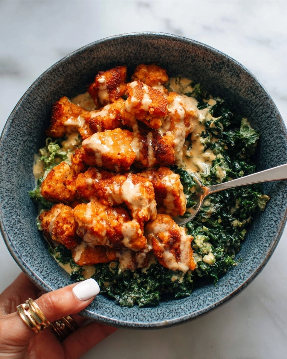 A close-up view of a textured blue-gray bowl filled with a layered dish. The bottom layer consists of dark green leafy kale mixed with a creamy sauce that has small bits, giving it a slightly chunky texture. On top, there is a generous pile of fried, golden-brown chicken pieces coated in a thick orange sauce, with some spots covered in a light cream-colored drizzle. A woman's hand with neatly manicured nails and a gold ring is holding the bowl from the bottom right corner, with a silver spoon resting inside the bowl near the chicken. The bowl is set against a white marbled surface. photo taken with an iphone --ar 4:5 --v 7