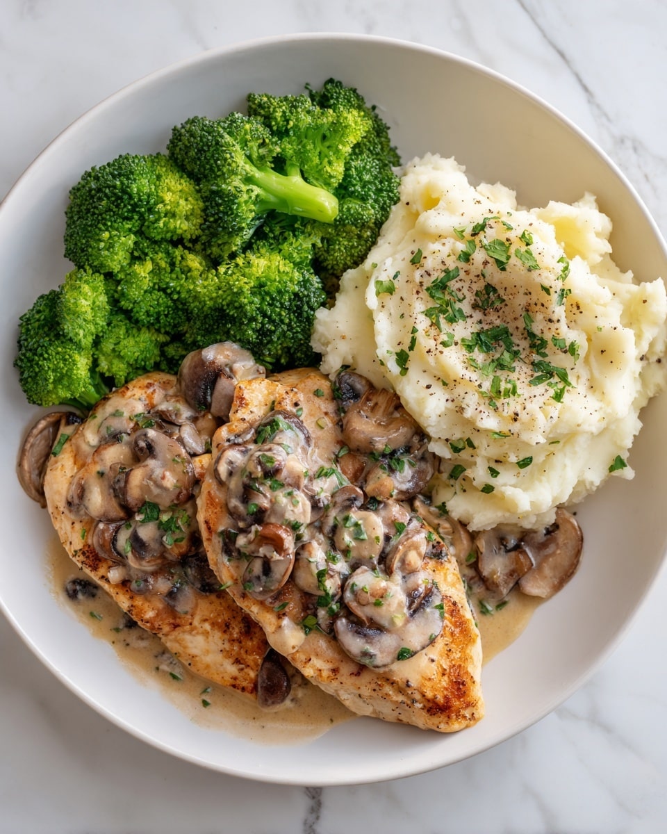 A white plate holds a meal with three main parts: on the left, bright green broccoli with a natural texture; in the middle, two golden brown chicken breasts covered with a creamy light brown mushroom sauce, with sliced brown mushrooms scattered on top and some fresh green herbs sprinkled over; on the right, a large scoop of fluffy white mashed potatoes, topped with black pepper and bits of green herbs. The background is a white marbled texture. Photo taken with an iphone --ar 4:5 --v 7