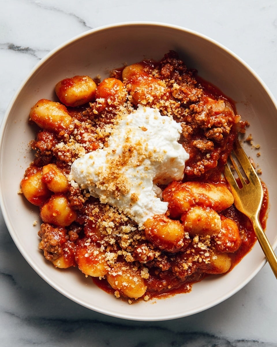 A deep white bowl filled with soft gnocchi covered in thick red tomato sauce mixed with crumbled browned sausage pieces. On top of the gnocchi sits a dollop of creamy white ricotta cheese melting slightly into the sauce. Golden brown crispy breadcrumbs are sprinkled generously over the dish, giving it a textured look. A gold fork is placed inside the bowl on the right side, with some gnocchi pierced by its tines. The bowl sits on a white marbled surface. Photo taken with an iphone --ar 4:5 --v 7