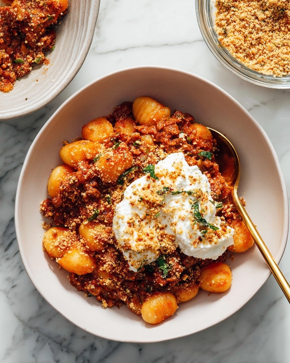 The dish shows soft orange gnocchi at the bottom layer, covered by a thick layer of chunky, reddish-brown meat sauce with small bits of herbs. On top of the meat sauce, a dollop of creamy white ricotta cheese is placed slightly off-center, sprinkled with a golden-brown crumb mixture that has a rough texture and small green flecks. A gold-colored spoon is resting inside the bowl, mixing some of the layers. The bowl is white and sits on a white marbled surface, with parts of another bowl and a glass bowl filled with the crumb mixture visible in the background. Photo taken with an iphone --ar 4:5 --v 7