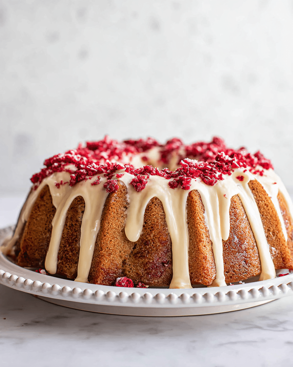 A single-layer round bundt cake with a golden-brown texture sits on a white plate with a beaded edge. The cake is topped with smooth white icing that drips down the sides in thick ribbons. On top of the icing, there are many small, bright red raspberry pieces scattered evenly around the upper edge, adding a pop of color and texture. The background is a white marbled surface, creating a clean and bright setting. photo taken with an iphone --ar 4:5 --v 7