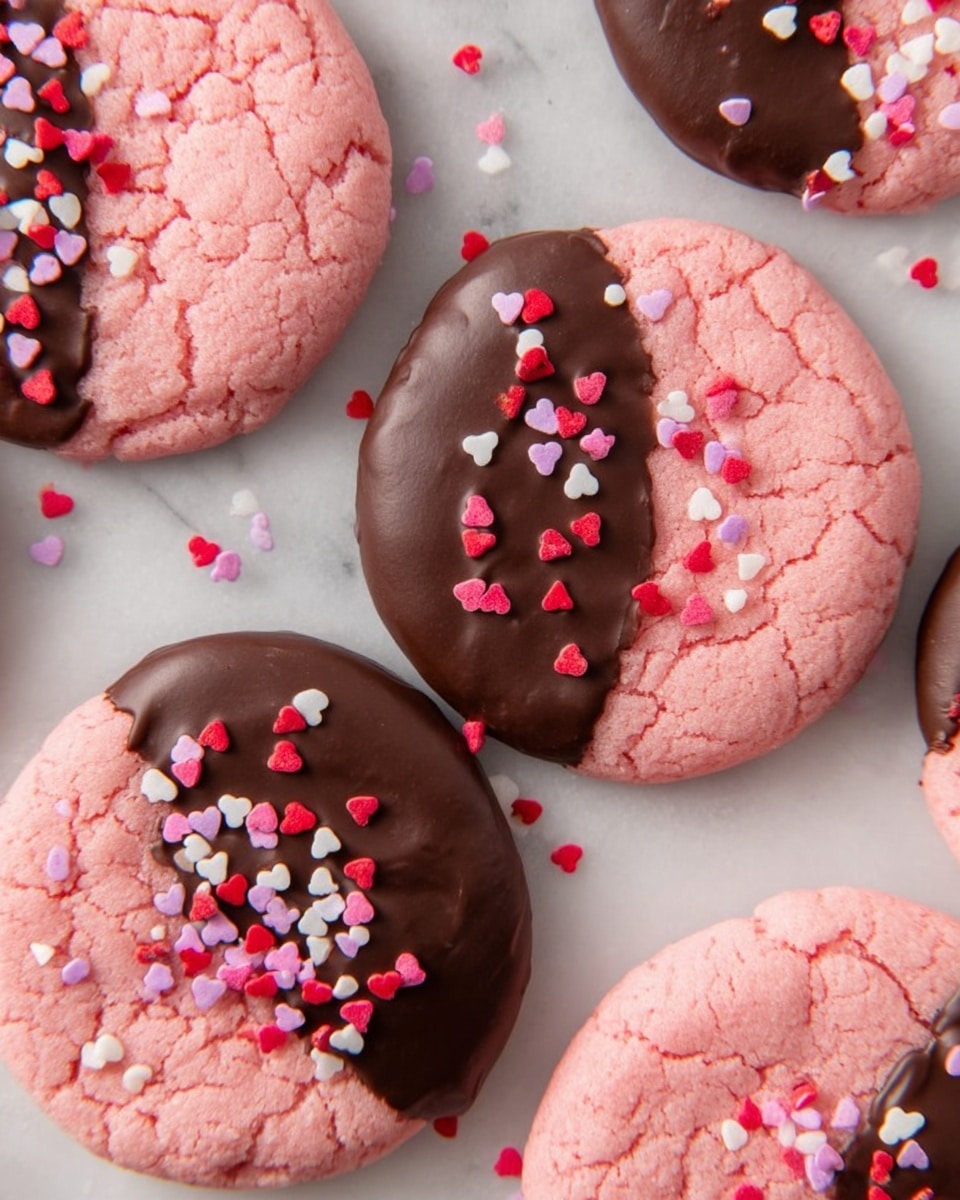 The image shows several round pink cookies, each partially dipped on one side in smooth dark chocolate. The chocolate-covered sections are decorated with small heart-shaped sprinkles in white, red, pink, and purple colors. The cookies have a soft, slightly cracked texture on the pink side, contrasting with the shiny chocolate layer. They lie on a white marbled surface scattered with a few sprinkles around them. photo taken with an iphone --ar 4:5 --v 7