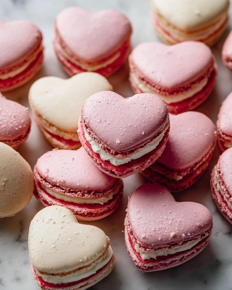 A white plate holds eight heart-shaped macarons in soft pastel colors, arranged in a loose cluster. Each macaron has two smooth, rounded shells with a light texture, sandwiching a creamy filling in the center. The colors include light pink, peach, lavender with dark purple filling, and a deeper pink, each with a matching or slightly lighter cream layer visible between the shells. The plate sits on a white marbled surface, and soft natural light highlights the gentle curves and delicate textures of the macarons. photo taken with an iphone --ar 4:5 --v 7