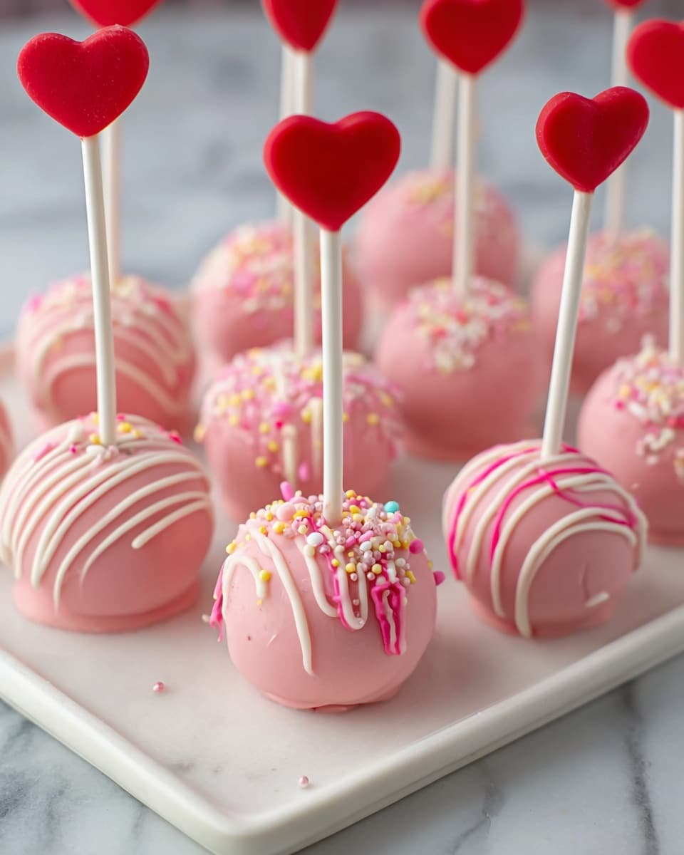 The image shows a tray of round pink cake pops, each about two layers thick. The base layer is smooth pink cake covered in pink coating with different white and pink drizzle patterns and colorful small round sprinkles on top. Each cake pop has a white stick inserted from the center, ending with a bright red heart shape on top. The cake pops are placed on a white tray with a white marbled surface in the background, creating a soft and clean look. photo taken with an iphone --ar 4:5 --v 7
